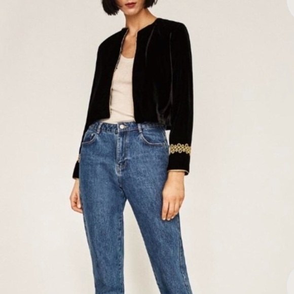 ZARA | Black Velvet Gold Appliqué Embroidered Military Cropped Jacket Blazer M - Picture 1 of 17